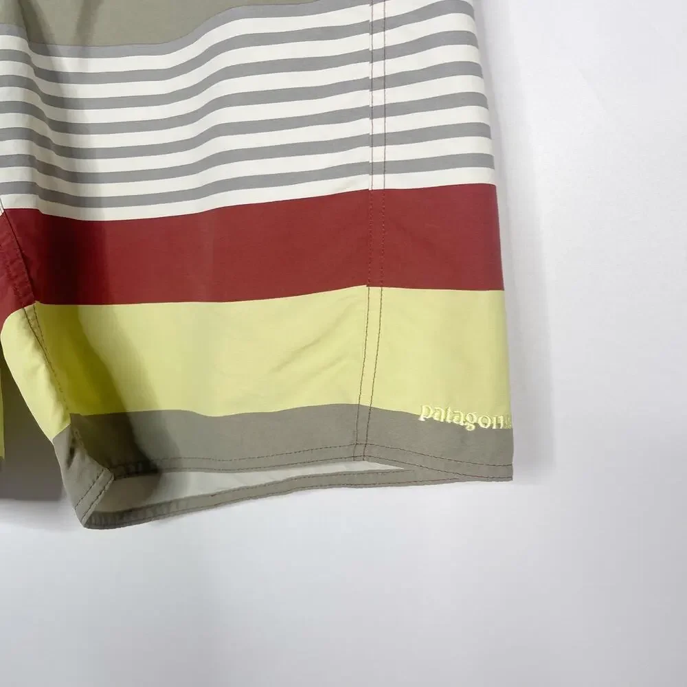 Patagonia Mens 33 Yellow Orange Striped Wavefarer Board Shorts Bathing Swim Suit